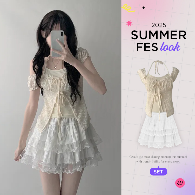 ツーピース 【SUMMER♥フェスコーデセット】キャミ付きリボンブラウス+レースミニスカート